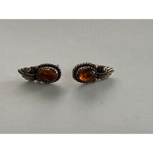 Vintage Native American Sterling Silver Faux Amber Leaf Raindrop Earrings
